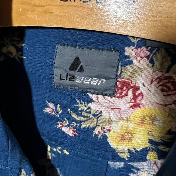 LIZ Wear Navy Blue Floral Blouse with Tie Belt Long Sleeve Top - Picture 5 of 8